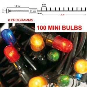 Коледни лампички 100бр.,зелен кабел,разноцветни,8 програми,6.5М