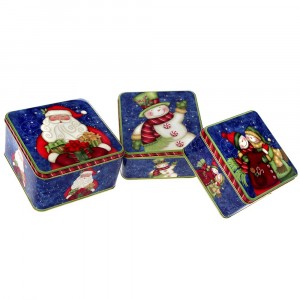 Метални коледни кутии 3 бр, сини, 17х17х9/19х19х10/20х2