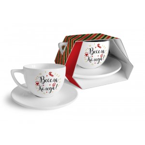 Голяма Коледна чаша и чиния, 400 мл с надпис брокат “Весела Коледа!“