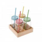 Буркани стъкло със сламка, 4бр в кутия дърво 18X18X15