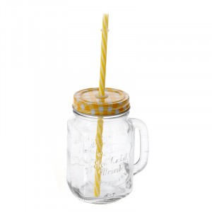 Буркан със сламка и дръжка жълт, 10Х13СМ