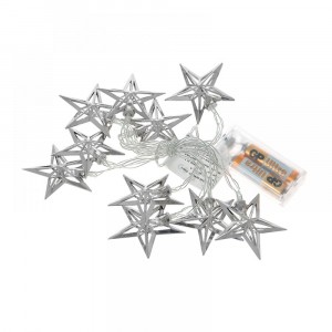 Коледни светещи звезди с батерии, метал, сребро, 10 LED, 6 см, 160 см