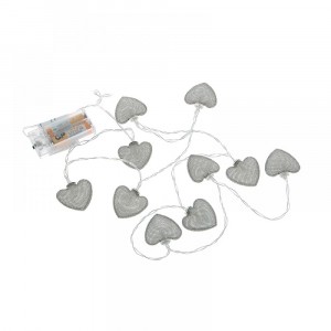 Гирлянд с батерии, сребърни сърца, LED, 4см, 160 см