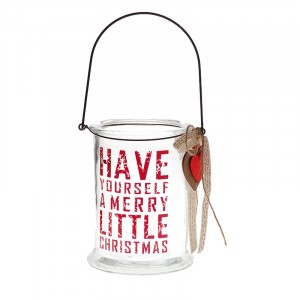 Стъклен коледен свещник с дървено сърце, 12х17 см