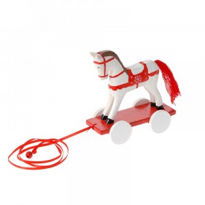 Дървено конче на колелца, червено/бяло, 13.5X6X13.5СМ