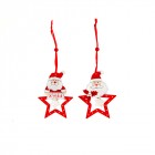 Дървена висулка звезда с дядо коледа, бяло и червено, 2 бр., 10 см
