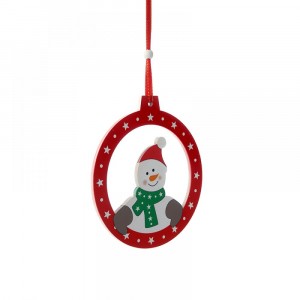 Дървена висулка Снежко,червен кръг, 14 см