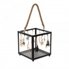 Стъклен свещник куб, черен с коледни орнаменти, 20х20х48 см