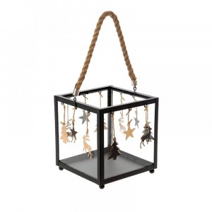 Стъклен свещник куб, черен с коледни орнаменти, 20х20х48 см