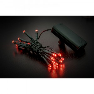 Коледни лампички с батерии, 20 LED, зелен кабел, червени, 1М