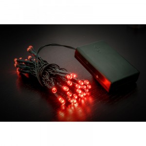 Коледни лампички с батерии, 40 LED, зелен кабел, червени, 2М