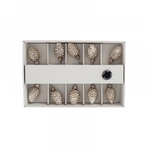 Коледни светещи шишарки с батерии, сребро, 10 LED, 4 см