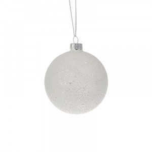Стъклена топка, бял брокат, 8 см, к-т 6 бр.