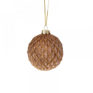 Стъклена топка бронз с брокатени ромбчета, 8см, к-т 6 бр.