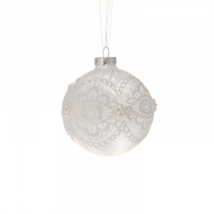 Стъклена топка бяла, дантела и цветчета, 8 см, к-т 6 бр.