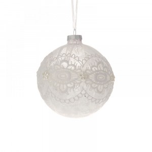 Стъклена топка бяла, дантела и цветчета, 10 см, к-т 4 бр.