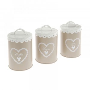  Метални буркани,комплект за кафе и захар,чай,декор-сърце и дантела,11х15 см