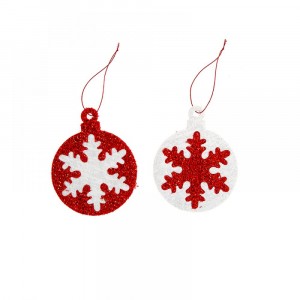 Висящи орнаменти от текстил, бяло и червено топки със снежинки, 10 см, к-т 2 бр.