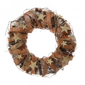 Венец от преплетени клони и звезди дърво,златен брокат, 33 см 