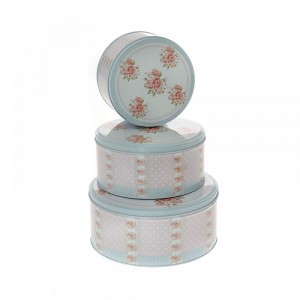 Метални кутии,3 бр.,кръгли,сини,роза,20х8/17х7,5 см