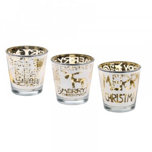 Стъклени свещници чашки “MERRY CHRISTMAS“, злато, 7х7 см