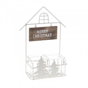 Метален свещник къща, бял, 2 свещи