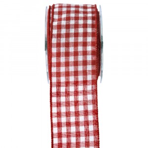 Коледна панделка плат, бяло и червено каре, 7 см Х 9,1 М