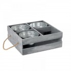 Дървен сандък с 3 метални кашпи, сив, 25х25х10 см