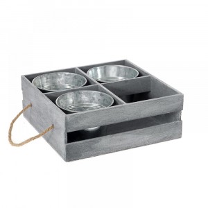 Дървен сандък с 3 метални кашпи, сив, 25х25х10 см