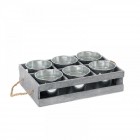 Дървен сандък с шест метални кашпи, сив, 27х18х7 см