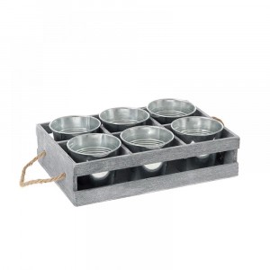 Дървен сандък с шест метални кашпи, сив, 27х18х7 см