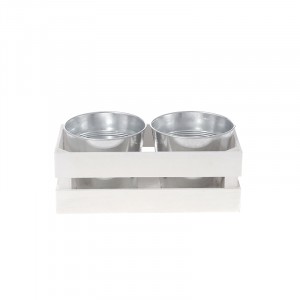 Дървен сандък с две метални кашпи, бял, 29х10х11 см