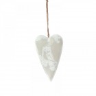 Висящо сърце от плат, бяло с бухал, 10х17 см