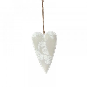 Висящо сърце от плат, бяло с бухал, 10х17 см