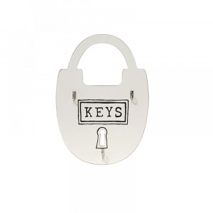 Дървена закачалка за ключове, катинар, бяла, 20х28х7 см