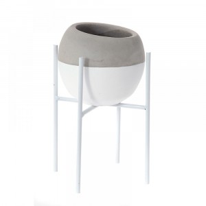 Керамична кашпа, сиво и бяло, в/у метална стойка, 20х20х25 см