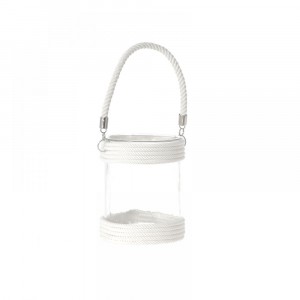 Стъклен свещник декор-въже, бял с дръжка, 14х18 см