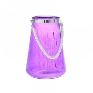 Стъклен свещник с въжена дръжка, цикламен, 26х37 см