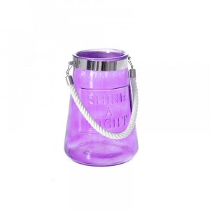 Стъклен свещник с въжена дръжка, цикламен, 17х23 см