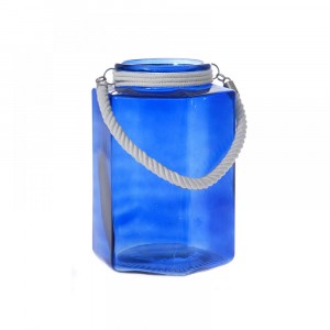 Стъклен фенер син с въже, 18х18х29 см