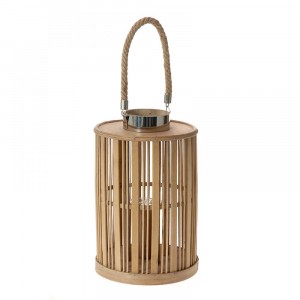 Бамбуков светилник с дръжка, цилиндър, натурал, 22х22х35 см