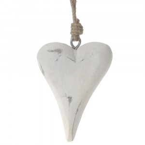 Дървено висящо сърце, претрито бяло, 6х10 см