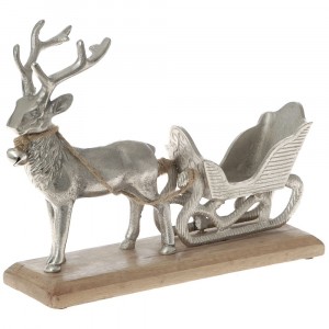 Метален елен с шейна в/у дървена поставка, сребро, 30х22 см