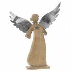 Коледна дървена фигурка ангел с метални криле, натурал, 60х8х80 см
