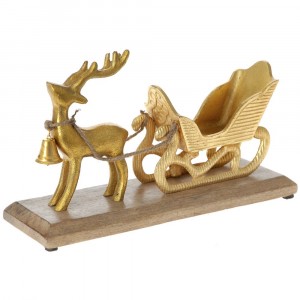 Метален елен с шейна в/у дървена поставка, злато, 30х22 см