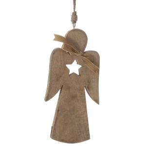 Коледна дървена висулка, ангел, натурал, 10х20 см