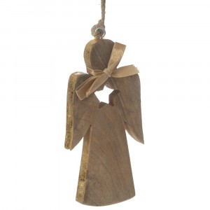 Коледна дървена висулка, ангел, натурал, 13х25 см