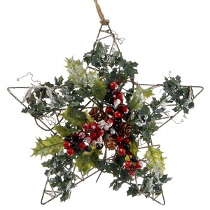 Коледна звезда с листа и боровинки, висяща, 25х25 см