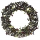 Плетен венец с листа и боровинки, светещ, Ф30 см