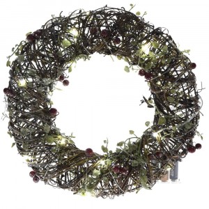 Плетен венец с листа и боровинки, светещ, Ф30 см